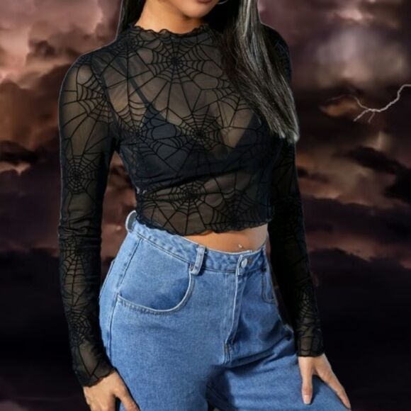 Black Sheer Top with Spider Webs Stretchy Long Sleeve Lettuce Trim Top - Picture 1 of 7
